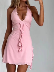 Halter neck deep V mini dress