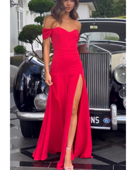 Red off-the-shoulder floor-length dress with slit