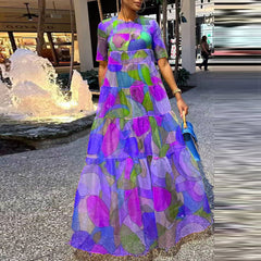 Rose Purple Casual Print Patchwork O Neck Straight Dresses