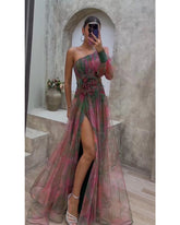 Printed one-shoulder long-sleeved dress