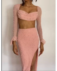 Beaded long sleeve skirt two-piece slit dress