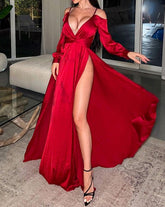 Long Sleeve Solid Off Shoulder Slit Dress