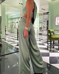 One-shoulder Halterneck Top and Pants Two-piece Suit