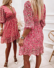 Ditsy Floral Print Puff Sleeve Ruffle Hem Shirred Dress