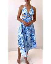 Hollow print deep V dress woman