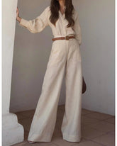 Casual lapel long sleeve cotton linen pantsuit woman
