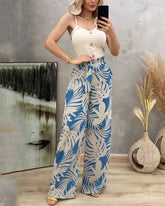 Casual Button-embellished Suspender Top & Printed Pants Two-Piece Set