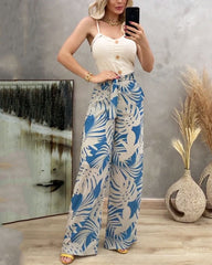 Casual Button-embellished Suspender Top & Printed Pants Two-Piece Set