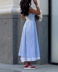 Plaid Double Layer Slit Suspender Dress