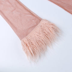 Glittering Lurex Crew Neck Faux Fur Long Sleeve Sheer Fishnet Party Mini Dress - White