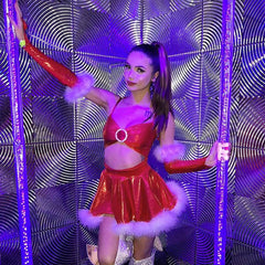 Sexy Crystal Ring Fluffy Glove Christmas Mini Dress Matching Set - Red