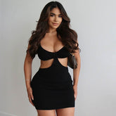 Trendy Ribbed Deep V Neck Cut Out Party Mini Dress - Black