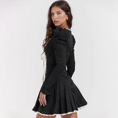 Vintage Scoop Neck Lace Up Puff Sleeve Pleated Hem Mini Party Dress - Black
