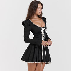 Vintage Scoop Neck Lace Up Puff Sleeve Pleated Hem Mini Party Dress - Black