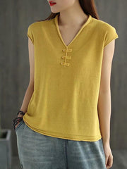 Solid V-Neck Knitting Vintage Button T-Shirt