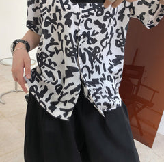 Lapel Graffiti Letter Print Short Sleeve  Blouses Shirts Top
