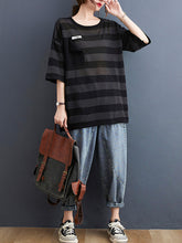 Women Round Neck Pocket Striped Short Sleeve T-Shirt