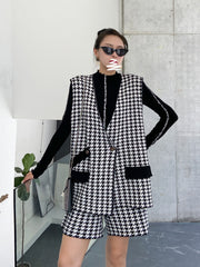 Women Plaid Knitted Waistcoat Shorts Two Piece Suit
