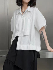 Irregular Clipping Short Sleeves Pleated Pure Color Lapel Blouses&Shirts Tops