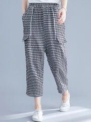 Loose Elastic Waist Plaid Harem Pants