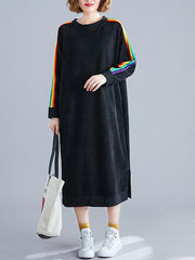 Loose Rainbow Striped Crew-Neck Midi Dress