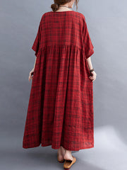 Round Neck Half Sleeves Plaid Maxi Dress