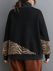Women Loose Zebra Pattern Stitching Turtleneck Sweatshirt