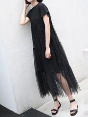 Black Asymmetric Splicing Mesh False Two Dress