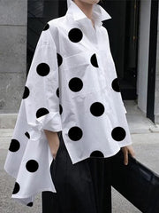 Buttoned High-Low Polka-Dot Split-Side Lapel Long Sleeves Blouse