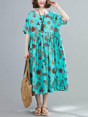 Vintage Floral Round-Neck Short Sleeves Dress