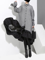 Loose Split-joint Falbala Lapel Blouse Dress