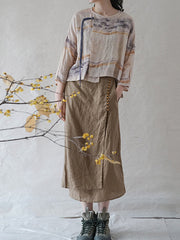 Retro Ink Print Lace-Up Casual Shirt