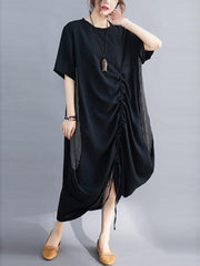 Loose Striped Split-Joint Thin Drawstring Long Dress
