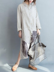 Creamy Linen Lapel Loose Blouse Long Dress