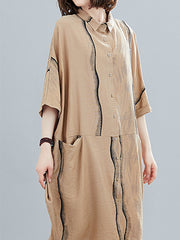 Lapel Loose Print Plus Size Shirt Midi Dress