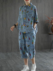 Artistic Retro Cartoon Printed Denim Two Pieces Suits