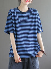 Vintage Loose Striped Round Neck T-Shirt