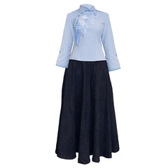 Retro Oriental Charm Pure Color Cheongsam Skirt Suit