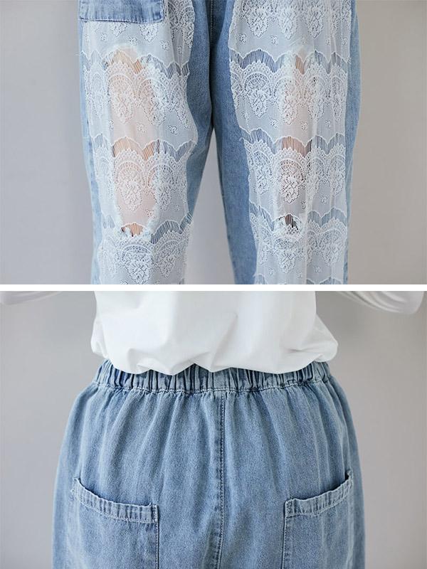 Lace Split-joint Drawstring Jean Pants