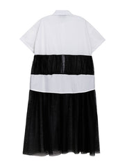 Retro Slim Splicing Mesh Shirt Dress