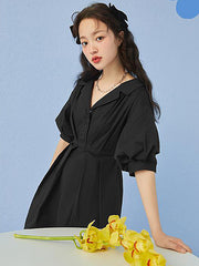 Retro Solid V-Neck Short Sleeve Mini Dress