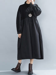 Loose Pleated Puff Sleeve Black Stitching Midi Dress