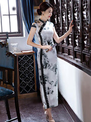 Lacy Ink&Lotus Print Long Cheongsam Dress