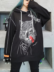 Women Plus Fleece Printed Loose Hooded Sweatshirt