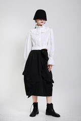 Black Solid Falbala Split-Joint Skirt