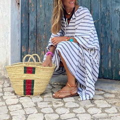 Printed Striped Loose Casual Long Sleeve Midi Dress