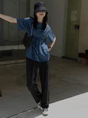 Round Neck Short-Sleeved Solid Color Lace-Up Waist T-Shirt Tops