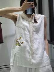 Solid Color Embroidery Printed Loose Sleeveless Casual T-Shirt