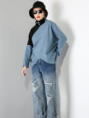 Women Contrasting Color Hedging Irregular Sweatshirt