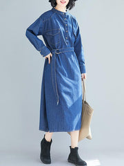 Blue Loose Belt Jean Midi Dress